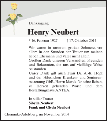 Todesanzeige von Henry Neubert von Chemnitz
