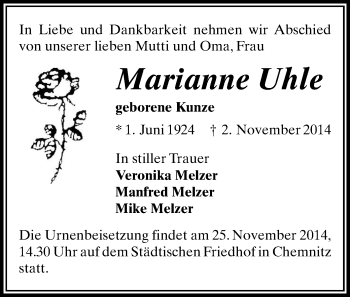 Todesanzeige von Marianne Uhle von Chemnitz