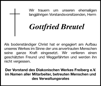 Todesanzeige von Gottfried Breutel von Freiberg / Brand Erbisdorf