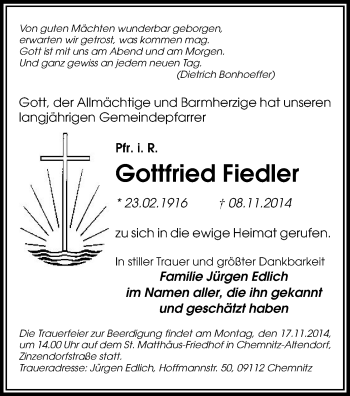 Todesanzeige von Gottfried Fiedler von Chemnitz
