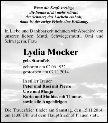 Todesanzeige von Lydia Mocker von Plauen