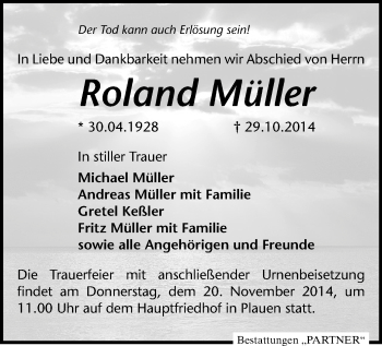 Todesanzeige von Roland Müller von Plauen