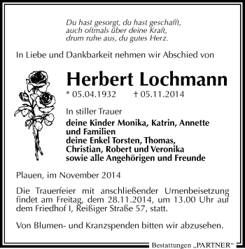 Todesanzeige von Herbert Lochmann von Plauen