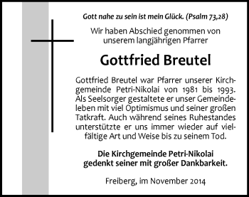 Todesanzeige von Gottfried Breutel von Freiberg / Brand Erbisdorf