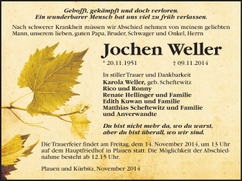 Todesanzeige von Jochen Weller von Oberes Vogtland, Plauen
