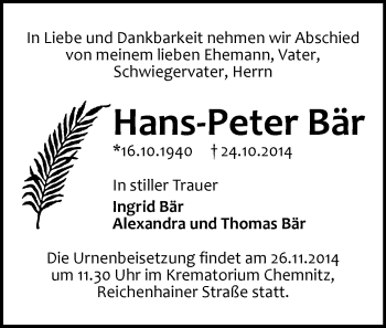 Todesanzeige von Hans-Peter Bär von Chemnitz