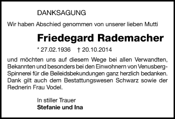 Todesanzeige von Friedegard Rademacher von Annaberg, Zschopau