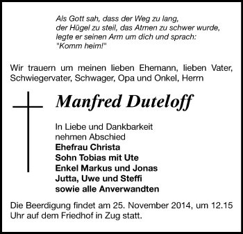 Todesanzeige von Manfred Duteloff von Freiberg / Brand Erbisdorf
