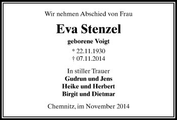 Todesanzeige von Eva Stenzel von Chemnitz