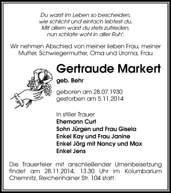 Todesanzeige von Gertraude Markert von Chemnitz, Rochlitz