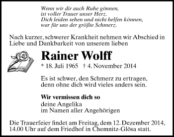 Todesanzeige von Rainer Wolff von Chemnitz