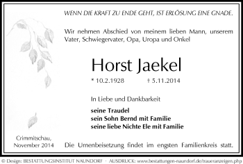Todesanzeige von Horst Jaekel von Werdau
