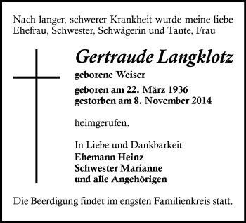 Todesanzeige von Gertraude Langklotz von Annaberg