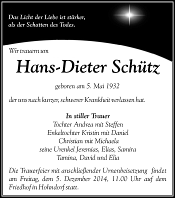 Todesanzeige von Hans-Dieter Schütz von Hohenstein-Ernstthal, Stollberg