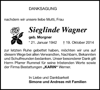Todesanzeige von Sieglinde Wagner von Plauen