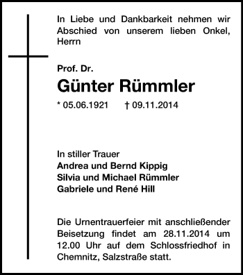 Todesanzeige von Günter Rümmler von Chemnitz, Flöha