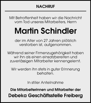 Todesanzeige von Martin Schindler von Mittweida