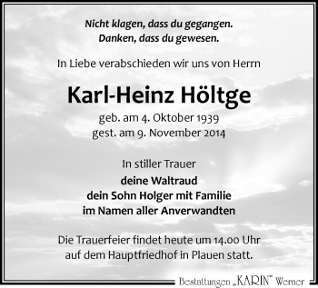Todesanzeige von Karl-Heinz Höltge von Plauen