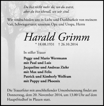 Todesanzeige von Harald Grimm von Plauen