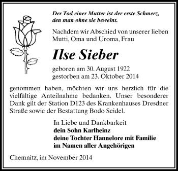 Todesanzeige von Ilse Sieber von Stollberg