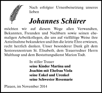 Todesanzeige von Johannes Schürer von Plauen