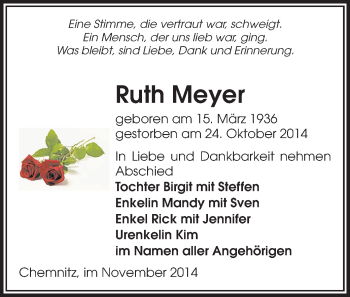 Todesanzeige von Ruth Meyer von Chemnitz