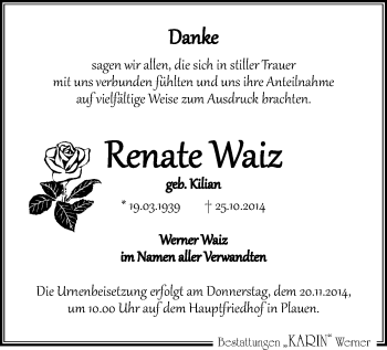 Todesanzeige von Renate Waiz von Plauen