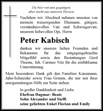Todesanzeige von Peter Kabisch von Annaberg