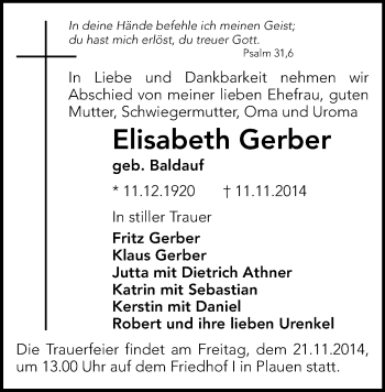 Todesanzeige von Elisabeth Gerber von Plauen