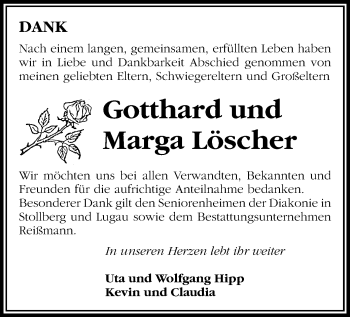 Todesanzeige von Gotthard und Marga Löscher von Stollberg