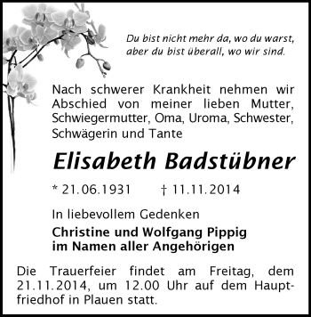 Todesanzeige von Elisabeth Badstübner von Plauen