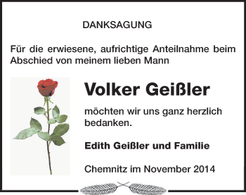 Todesanzeige von Volker Geißler von Chemnitz