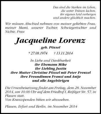Todesanzeige von Jacqueline Lorenz von Plauen