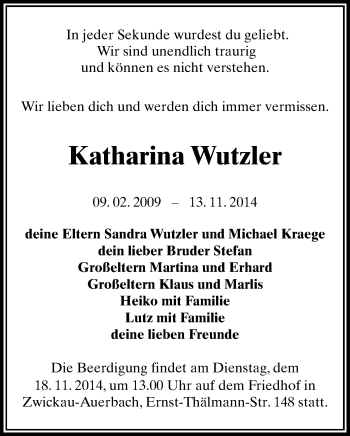 Todesanzeige von Katharina Wutzler von Zwickau