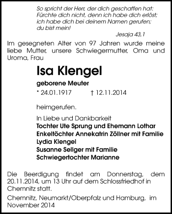 Todesanzeige von lsa Klengel von Annaberg