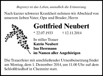 Todesanzeige von Gottfried Neubert von Chemnitz