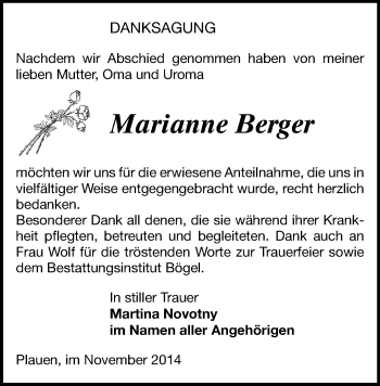 Todesanzeige von Marianne Berger von Plauen