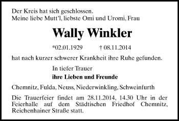 Todesanzeige von Wally Winkler von Chemnitz
