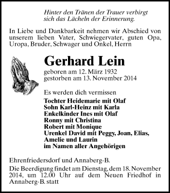 Todesanzeige von Gerhard Lein von Annaberg