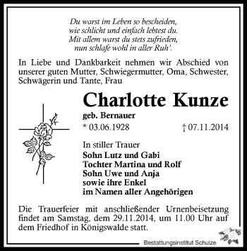 Todesanzeige von Charlotte Kunze von Werdau