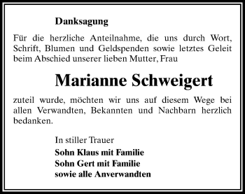 Todesanzeige von Marianne Schweigert von Zwickau