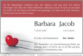 Todesanzeige von Barbara Jacob von Werdau