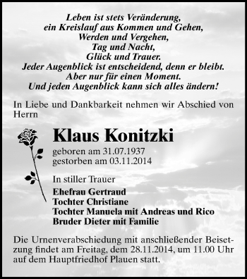 Todesanzeige von Klaus Konitzki von Plauen
