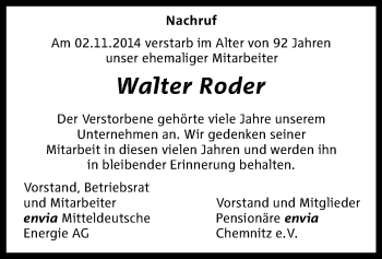 Todesanzeige von Walter Roder von Chemnitz