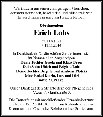 Todesanzeige von Erich Lohs von Chemnitz