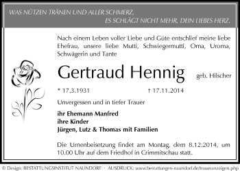 Todesanzeige von Gertraud Hennig von Werdau