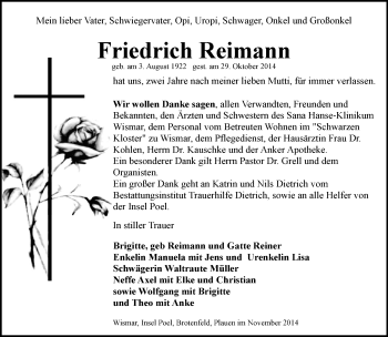 Todesanzeige von Friedrich Reimann von Oberes Vogtland, Plauen