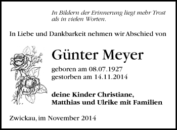 Todesanzeige von Günter Meyer von Hohenstein-Ernstthal, Zwickau