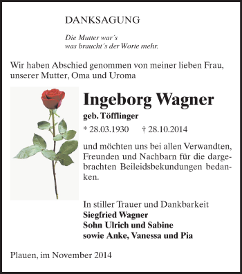 Todesanzeige von Ingeborg Wagner von Plauen