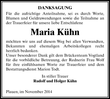 Todesanzeige von Maria Kühn von Plauen